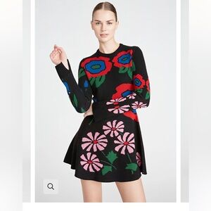 AMUR Nataly Merino Wool Fit and Flare Floral Jacquard Long Sleeve Sweater Dress